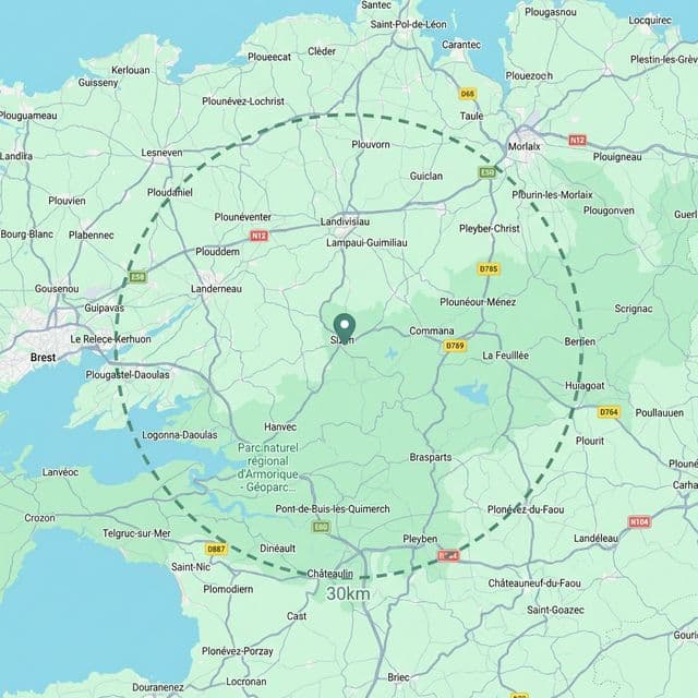 Carte du secteur d'intervention dans un rayon de 30km autour de Sizun